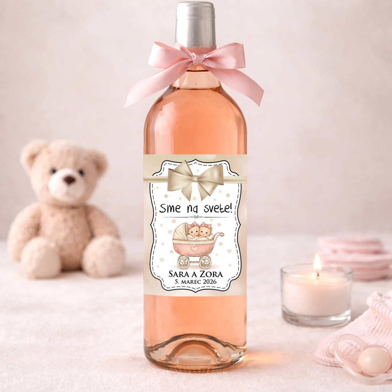 Samolepiaca etiketa "radostník" na víno/pálenku pre dvojičky (bábätká v kočiariku)