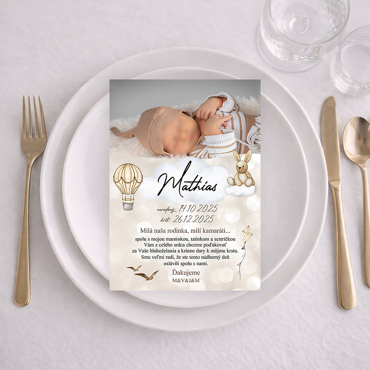 Kartička na krstinový stôl s fotografiou