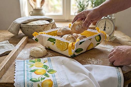 Citrónová kuchynská utierka 45×70 cm a košík na pečivo – svieži vidiecky kuchynský set