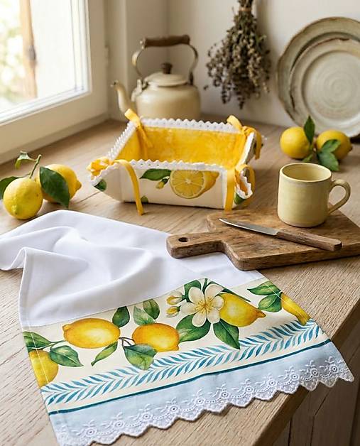 Citrónová kuchynská utierka 45×70 cm a košík na pečivo – svieži vidiecky kuchynský set