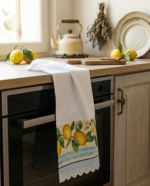 Citrónová kuchynská utierka 45×70 cm a košík na pečivo – svieži vidiecky kuchynský set