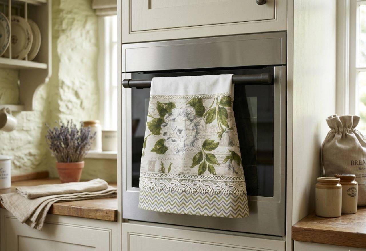 Bavlnená kuchynská utierka 45 × 70 cm – vintage kvety, zelené listy, čipka, vidiecky štýl