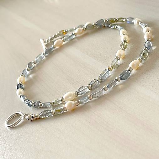 Luxury Pearl and Labradorite Necklace AG925 / Náhrdelník labradorit, perly, striebro AG925 E073