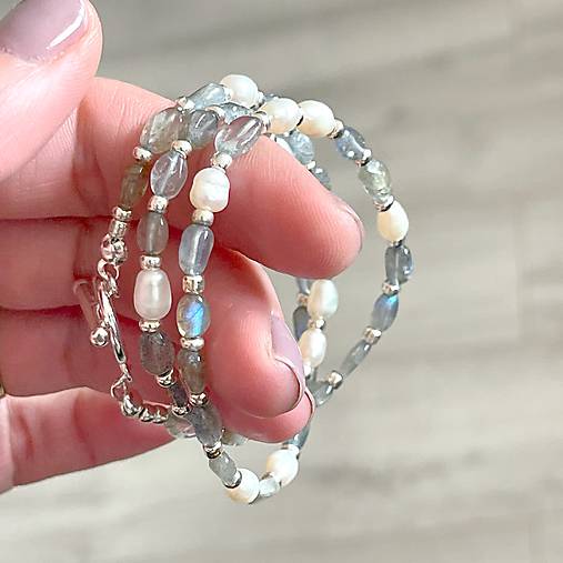 Luxury Pearl and Labradorite Necklace AG925 / Náhrdelník labradorit, perly, striebro AG925 E073