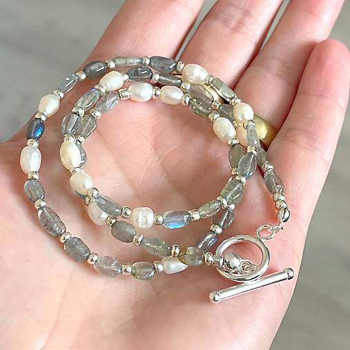 Luxury Pearl and Labradorite Necklace AG925 / Náhrdelník labradorit, perly, striebro AG925 E073