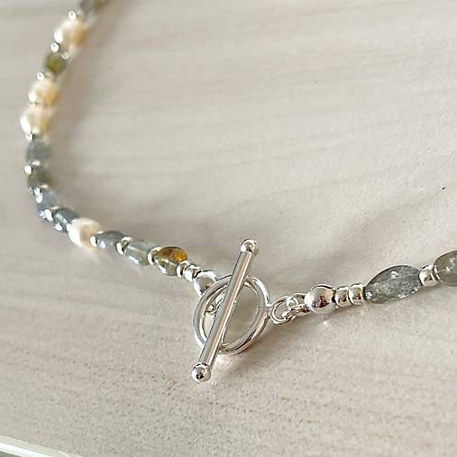 Luxury Pearl and Labradorite Necklace AG925 / Náhrdelník labradorit, perly, striebro AG925 E073