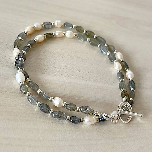Luxury Pearl and Labradorite Necklace AG925 / Náhrdelník labradorit, perly, striebro AG925 E073