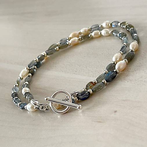 Luxury Pearl and Labradorite Necklace AG925 / Náhrdelník labradorit, perly, striebro AG925 E073