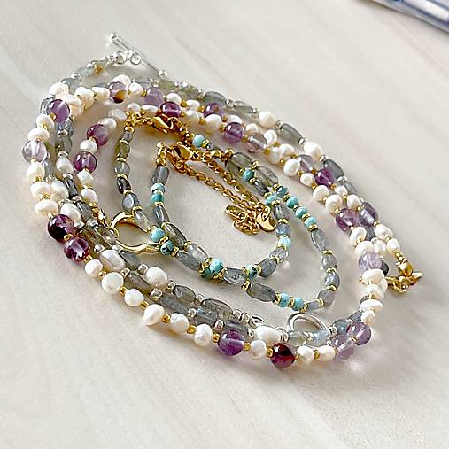 Luxury Pearl and Labradorite Necklace AG925 / Náhrdelník labradorit, perly, striebro AG925 E073