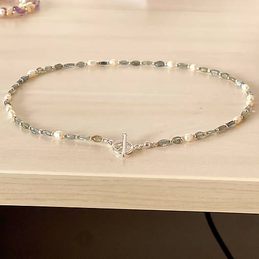 Luxury Pearl and Labradorite Necklace AG925 / Náhrdelník labradorit, perly, striebro AG925 E073