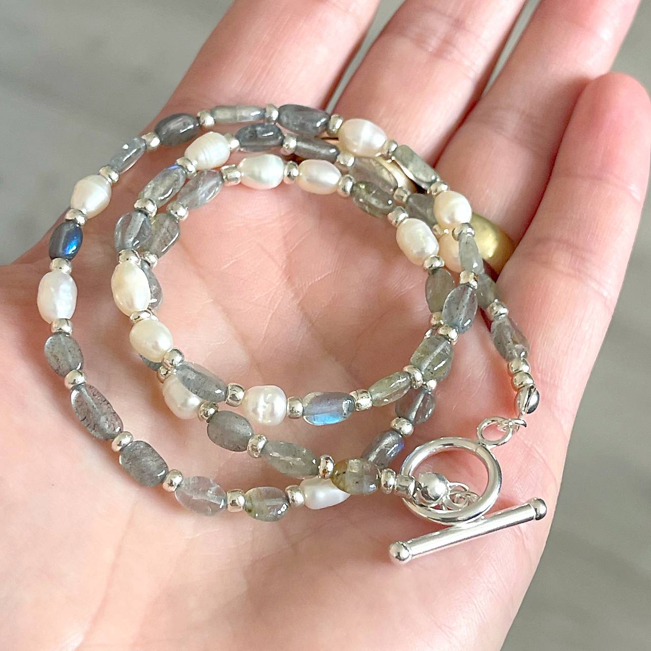 Luxury Pearl and Labradorite Necklace AG925 / Náhrdelník labradorit, perly, striebro AG925 E073