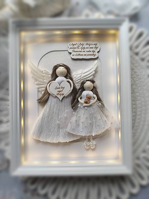 Dekorácie - Anjel strážny , anjelik s dievčatkom v svietiacom rámiku - 18230406_