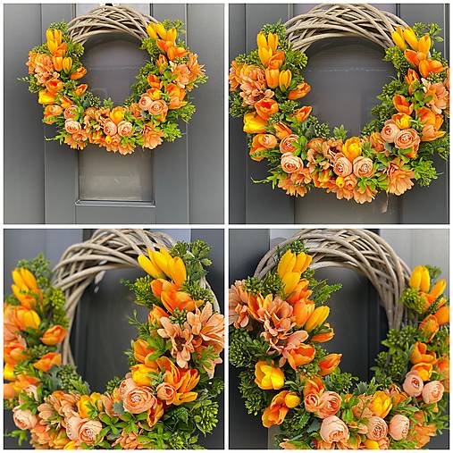 Jarný veniec na svetlom prutenom základe dekorácia na dvere