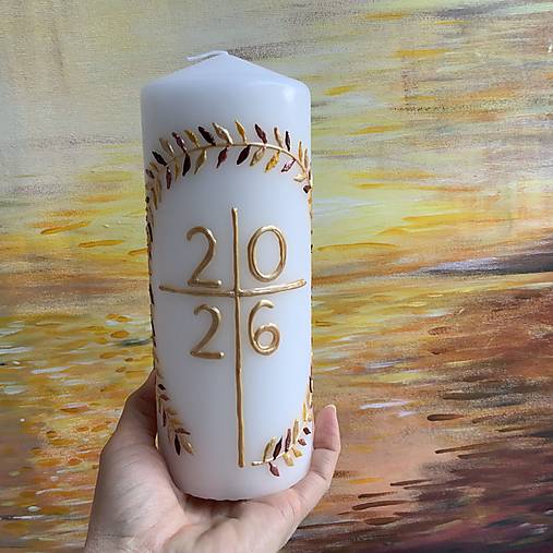 Maľovaný domáci paškál z bieleho vosku 2026 s venčekom (20 cm)