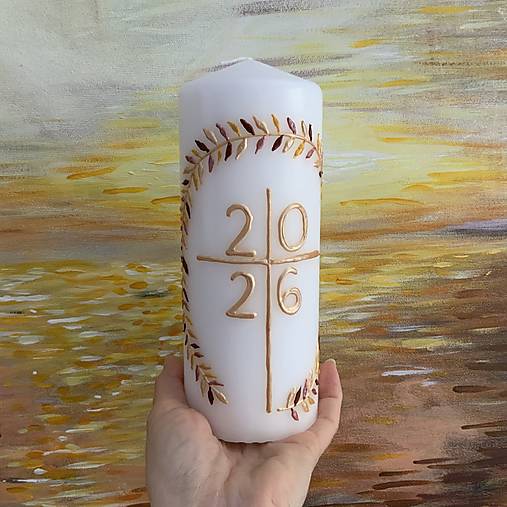 Maľovaný domáci paškál z bieleho vosku 2026 s venčekom (20 cm)