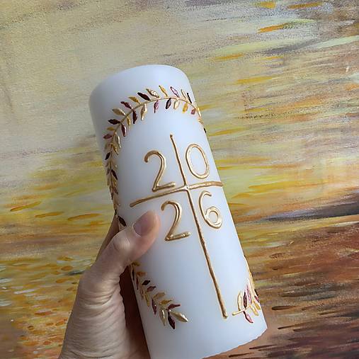 Maľovaný domáci paškál z bieleho vosku 2026 s venčekom (20 cm)