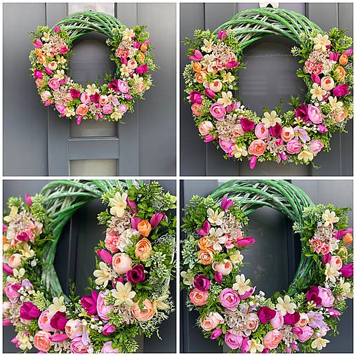 Jarný veniec “L” na zelenom prutenom základe dekorácia na dvere 40cm