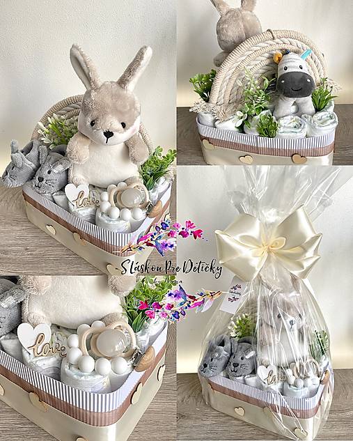 Detské doplnky - Plienková torta / darčekový košíček pre bábätko - béžový zajačik - 18235671_