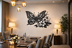 Dekorácie - Kovový obraz Motýľ s kvetmi– elegantná kovová dekorácia na stenu - 18236573_