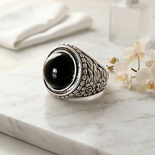 Black Tourmaline Antique Silver Ring  / Masívny prsteň s turmalínom E073