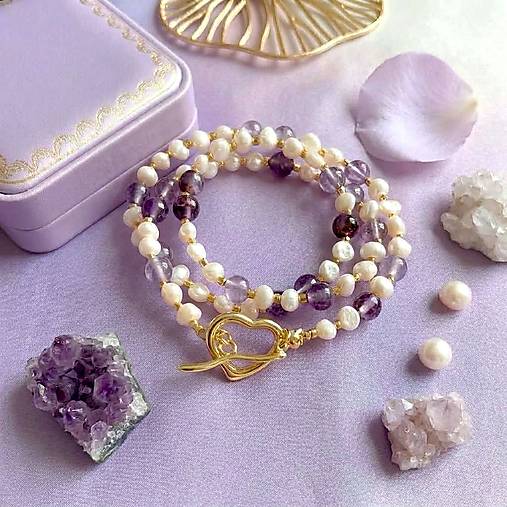 Luxury Pearl and Amethyst Necklace Stainless Steel / Náhrdelník ametyst, perly, oceľ E073