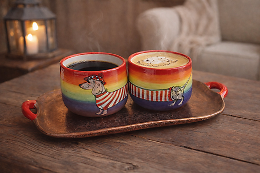 Nádoby - Poháre na kávu pre dvoch  + tácka "Dúhový jazvečík" - 18238970_