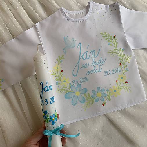 Krstná ručne maľovaná jarne ladená košieľka + svieca