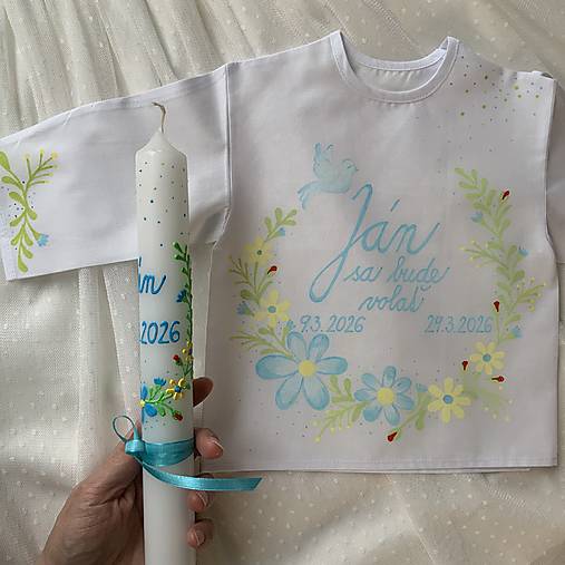 Krstná ručne maľovaná jarne ladená košieľka + svieca