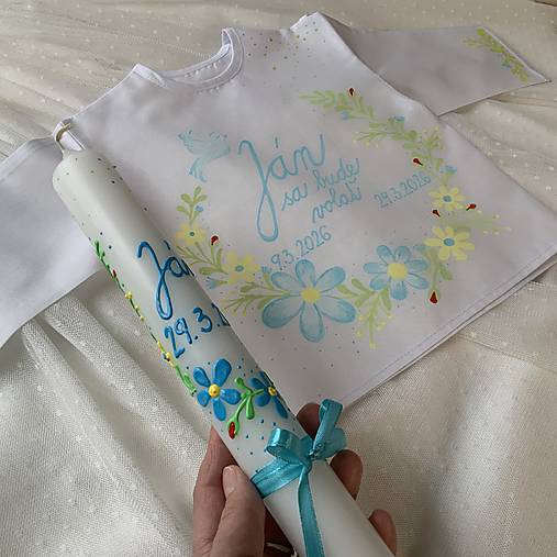 Krstná ručne maľovaná jarne ladená košieľka + svieca