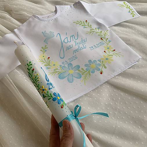 Krstná ručne maľovaná jarne ladená košieľka + svieca