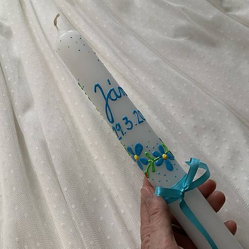 Ručne maľovaná krstná svieca jarne ladená s personalizáciou – 35 cm, biely vosk