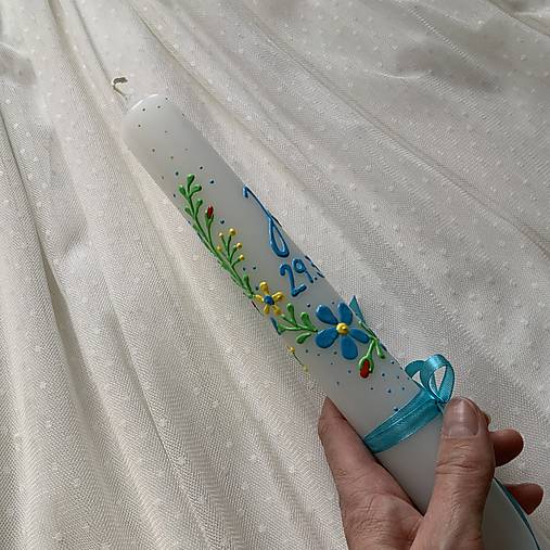 Ručne maľovaná krstná svieca jarne ladená s personalizáciou – 35 cm, biely vosk