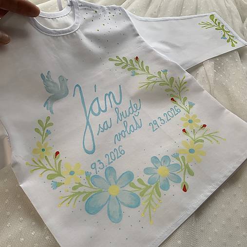 Krstná košieľka maľovaná s holubicou -jarná kvetinková