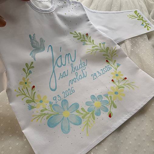 Krstná košieľka maľovaná s holubicou -jarná kvetinková