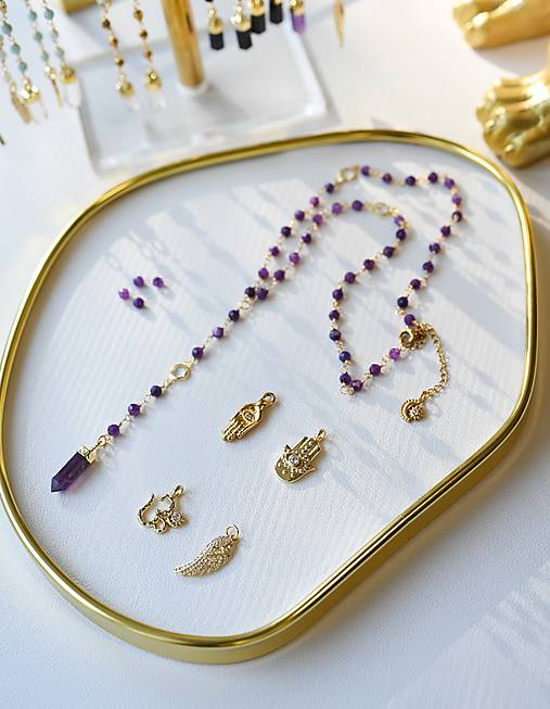 Náhrdelník  v štýle ruženca  - ametyst, larimar, mesačný kameň, hematit, čierny spinel