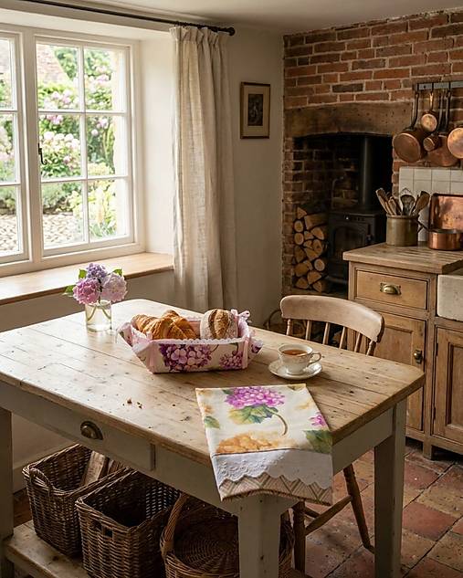 Romantický set do kuchyne s hortenziami – utierka 45×70 cm a košík na pečivo