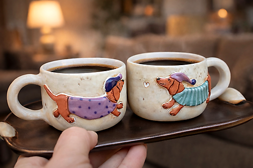 Nádoby - Šálky na kávu pre dvoch+tácka "Radosť" - 18241665_