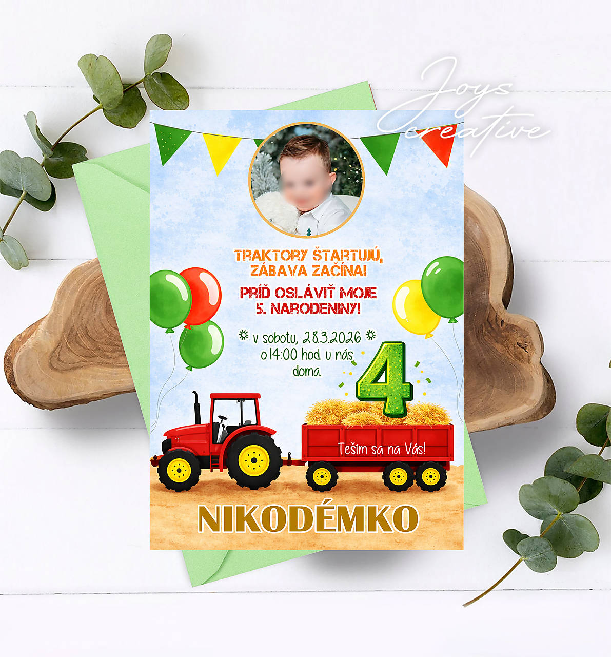 Pozvánka na narodeniny s traktorom s vlečkou