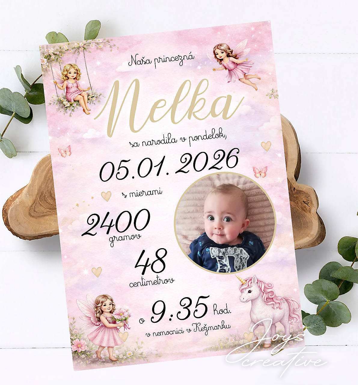 Tabuľka pre bábätko s vílami a jednorožcom