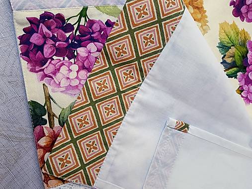 Romantický set do kuchyne s hortenziami – utierka 45×70 cm a košík na pečivo