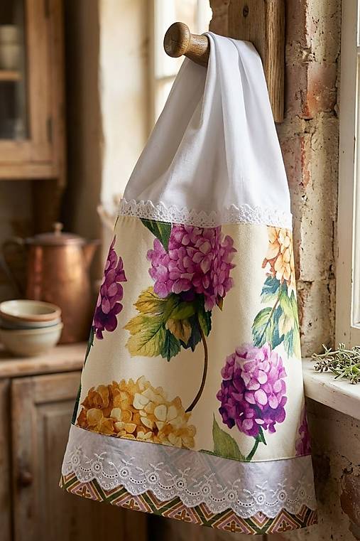 Romantický set do kuchyne s hortenziami – utierka 45×70 cm a košík na pečivo