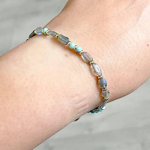 Labradorite and Larimar Bracelet Steel Gold / Náramok larimar, labradorit, oceľ, E073