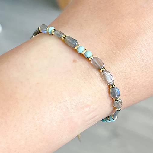 Labradorite and Larimar Bracelet Steel Gold / Náramok larimar, labradorit, oceľ, E073