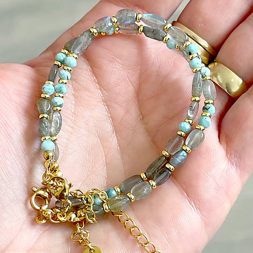 Labradorite and Larimar Bracelet Steel Gold / Náramok larimar, labradorit, oceľ, E073