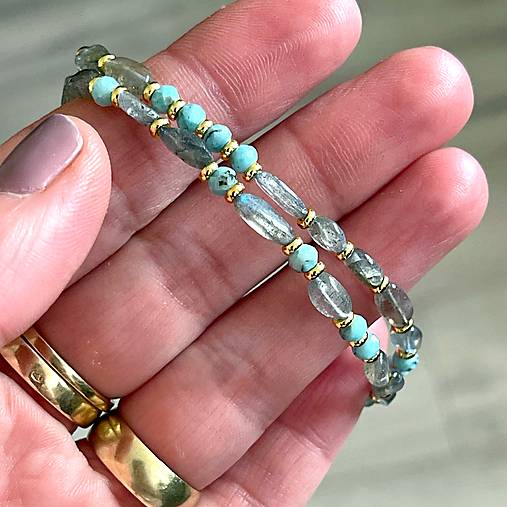 Labradorite and Larimar Bracelet Steel Gold / Náramok larimar, labradorit, oceľ, E073