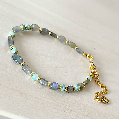 Labradorite and Larimar Bracelet Steel Gold / Náramok larimar, labradorit, oceľ, E073