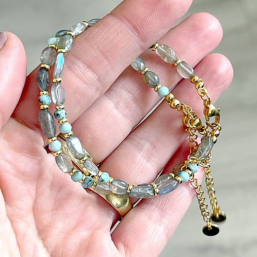 Labradorite and Larimar Bracelet Steel Gold / Náramok larimar, labradorit, oceľ, E073