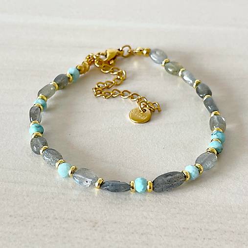 Labradorite and Larimar Bracelet Steel Gold / Náramok larimar, labradorit, oceľ, E073