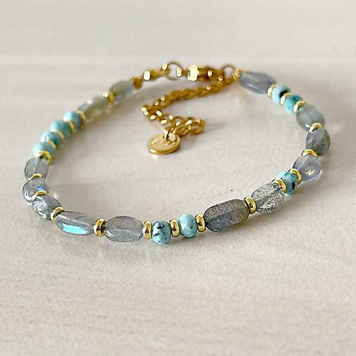 Labradorite and Larimar Bracelet Steel Gold / Náramok larimar, labradorit, oceľ, E073