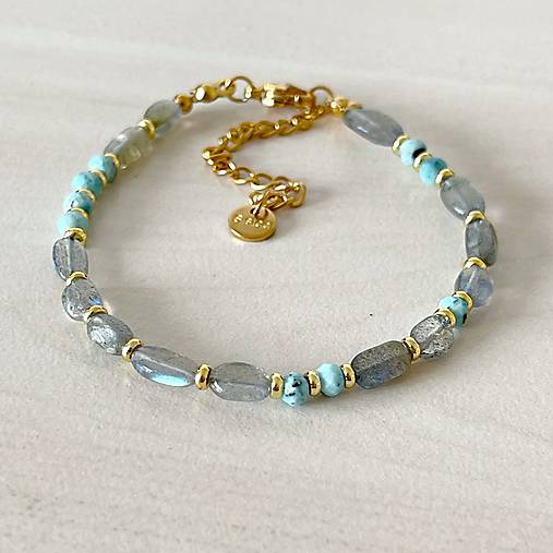 Labradorite and Larimar Bracelet Steel Gold / Náramok larimar, labradorit, oceľ, E073